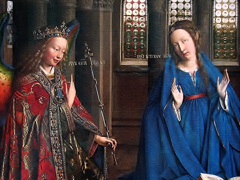 Dit is een detail uit Jan van Eyck's schilderij "De Annunciatie". Het werk moet helemaal komen uit Washington alwaar het zich bevindt in de collectie van The National Gallery of Art. Let op het heldere blauw en rood van de gewaden.